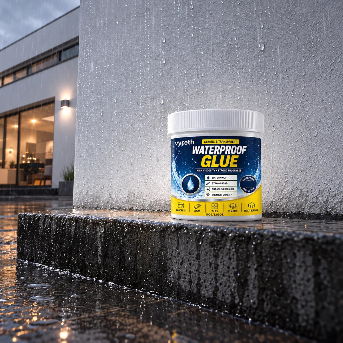 ClearCoat clear waterproof sealant pot on a wet window ledge (illustrative)